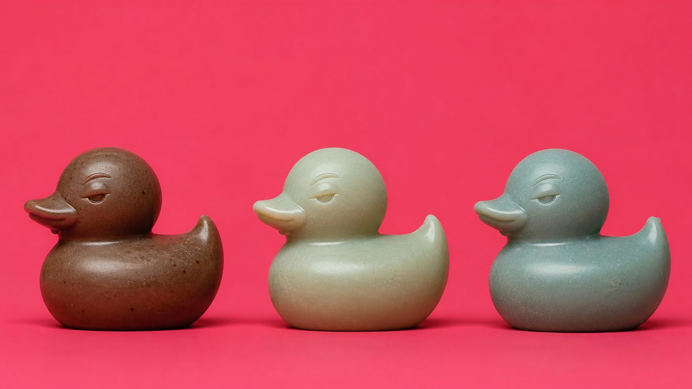 Les trois savons-canards de la gamme, de profil