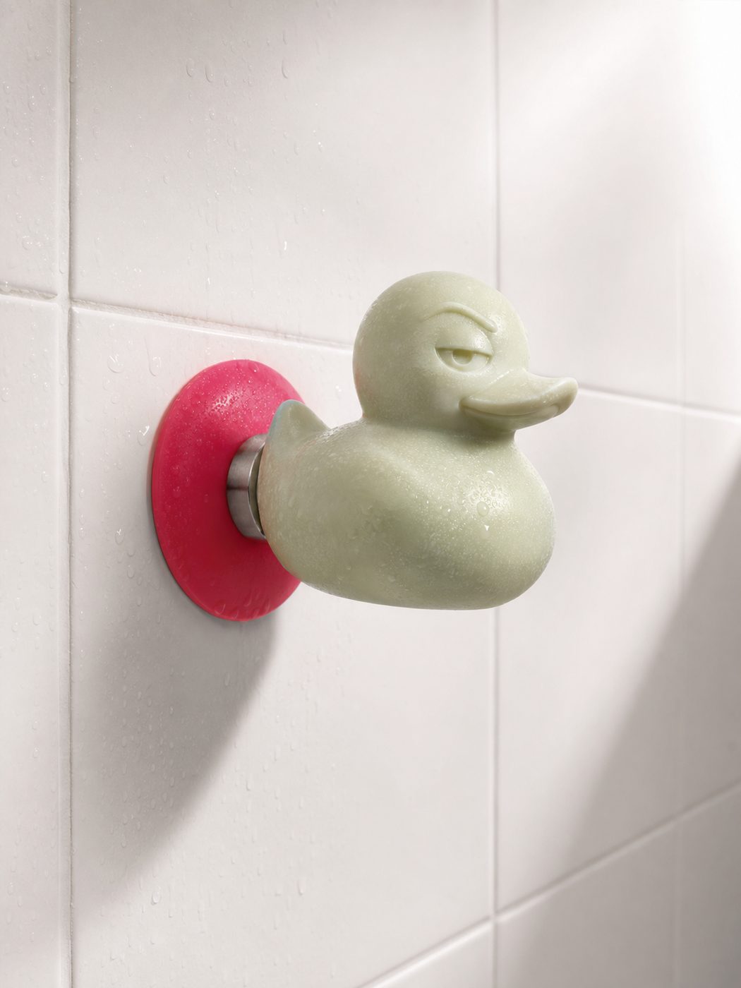 Le porte-savon magnétique fixé au carrelage, canard suspendu